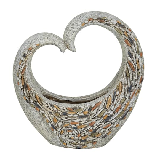 16" Gray Fiberglass Planter with Stone Mosaic Design